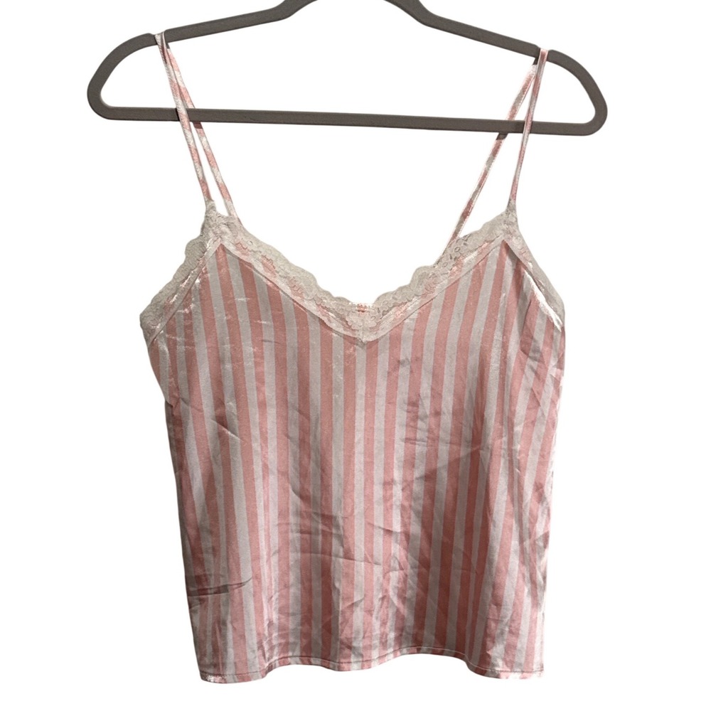 Pink Cream Striped Satin Lace Trim Camisole Top Adjustable Straps Small
